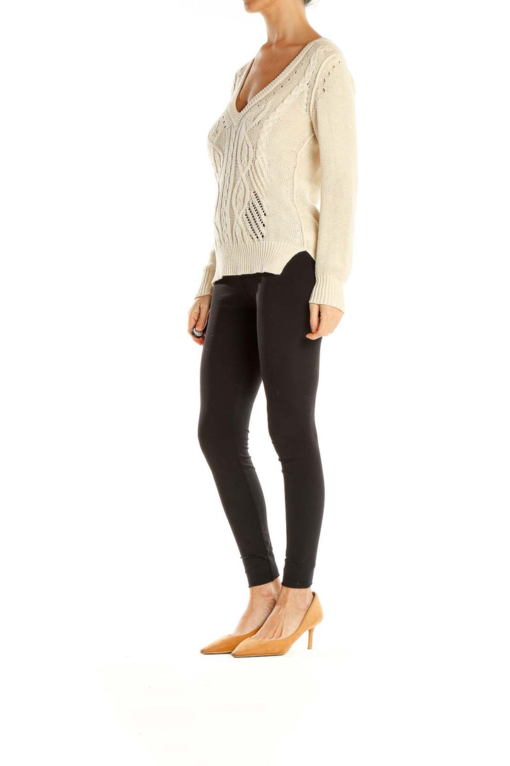 Cream Textured Cable-Knit Chic Sweater