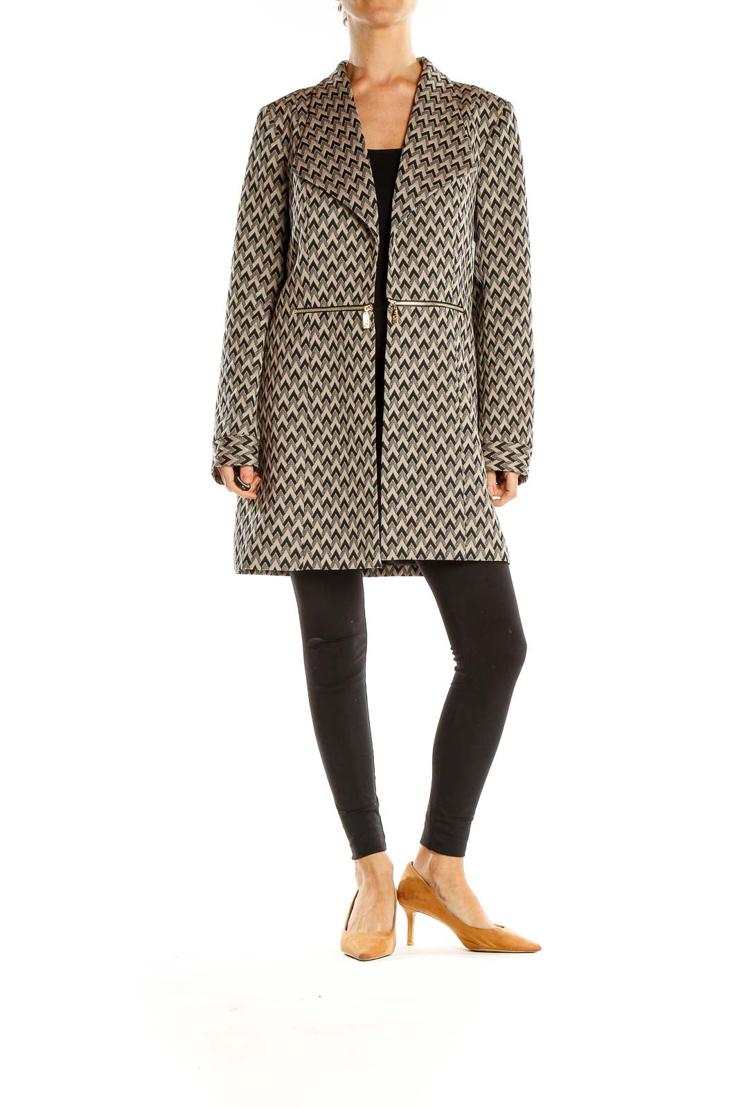 Beige Black Printed Coat