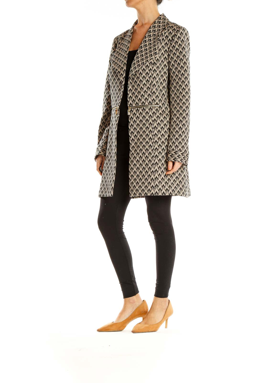 Beige Black Printed Coat