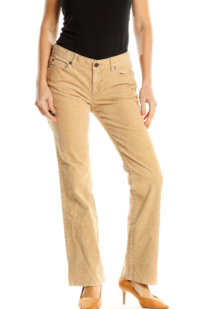 Beige Corduroy Textured Casual Trousers