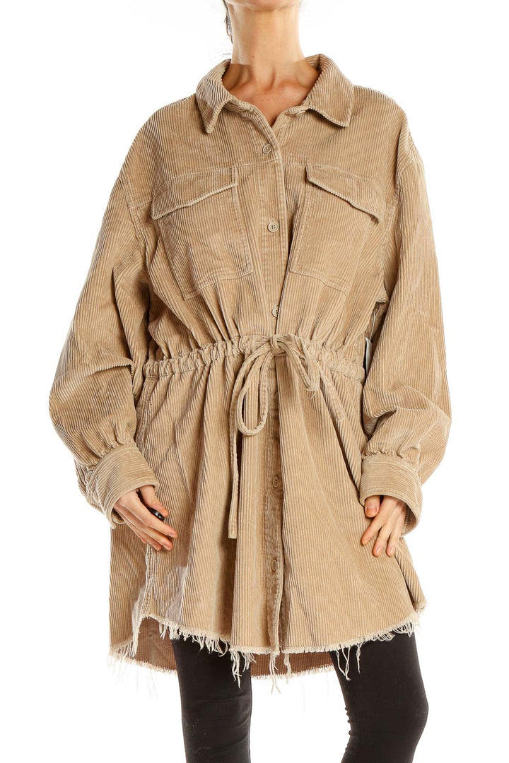 Beige Corduroy Cinched Waist Coat