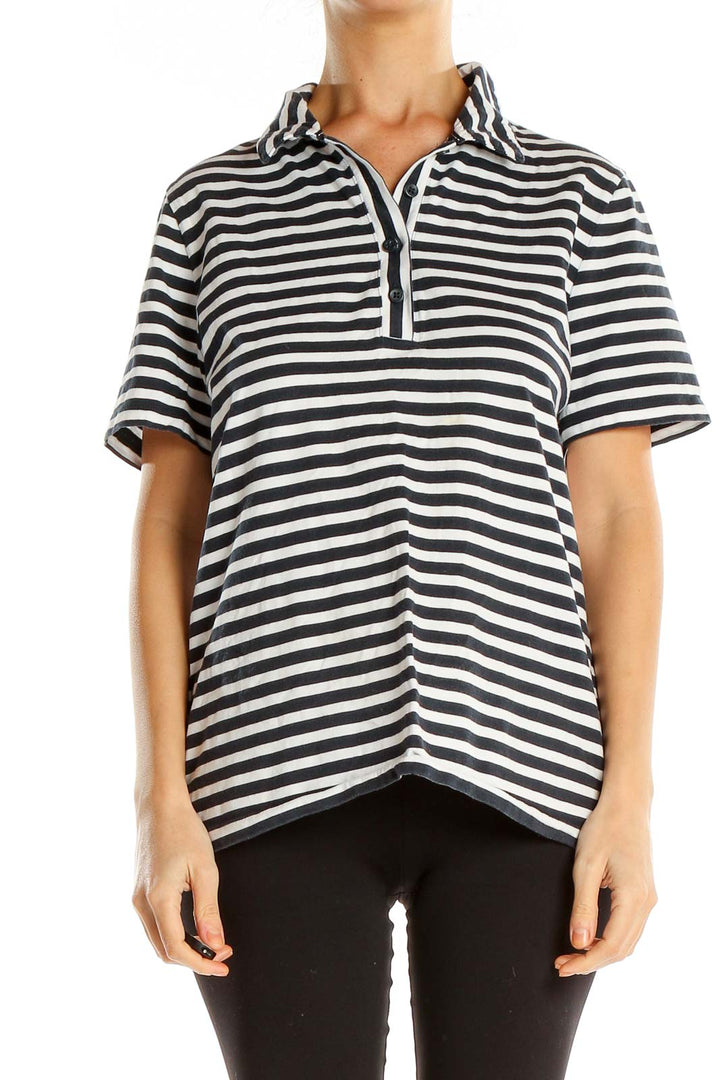 Black White Striped Casual Polo Shirt