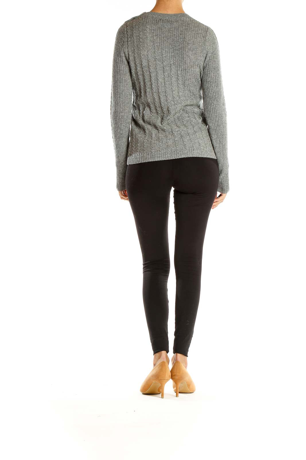 Gray Fitted Cable-Knit Casual Sweater