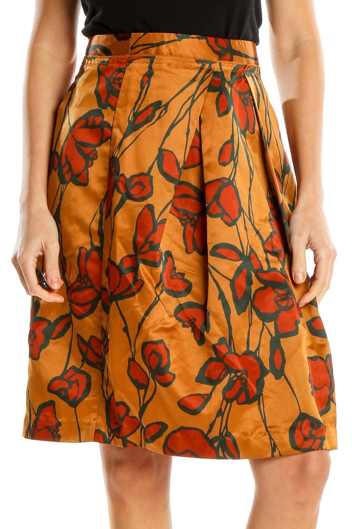 Orange Floral Print Holiday A-Line Skirt