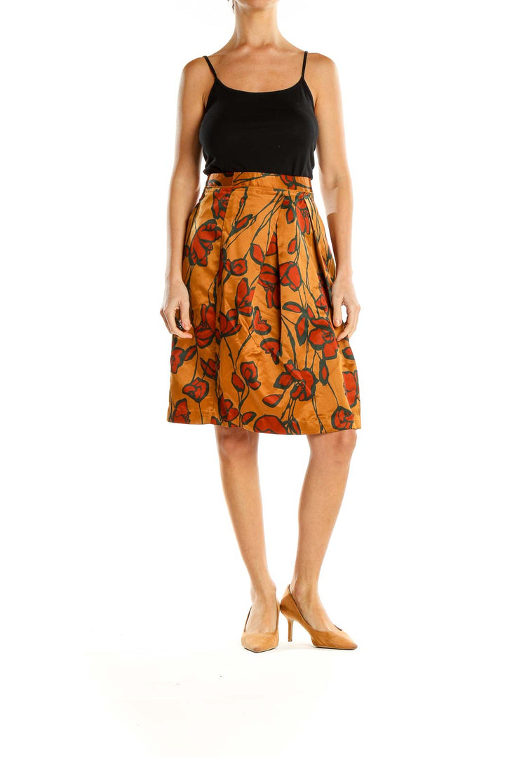 Orange Floral Print Holiday A-Line Skirt