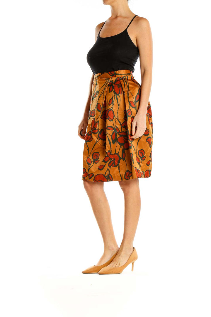 Orange Floral Print Holiday A-Line Skirt