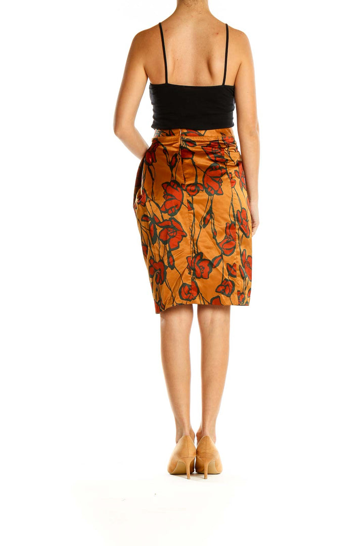 Orange Floral Print Holiday A-Line Skirt