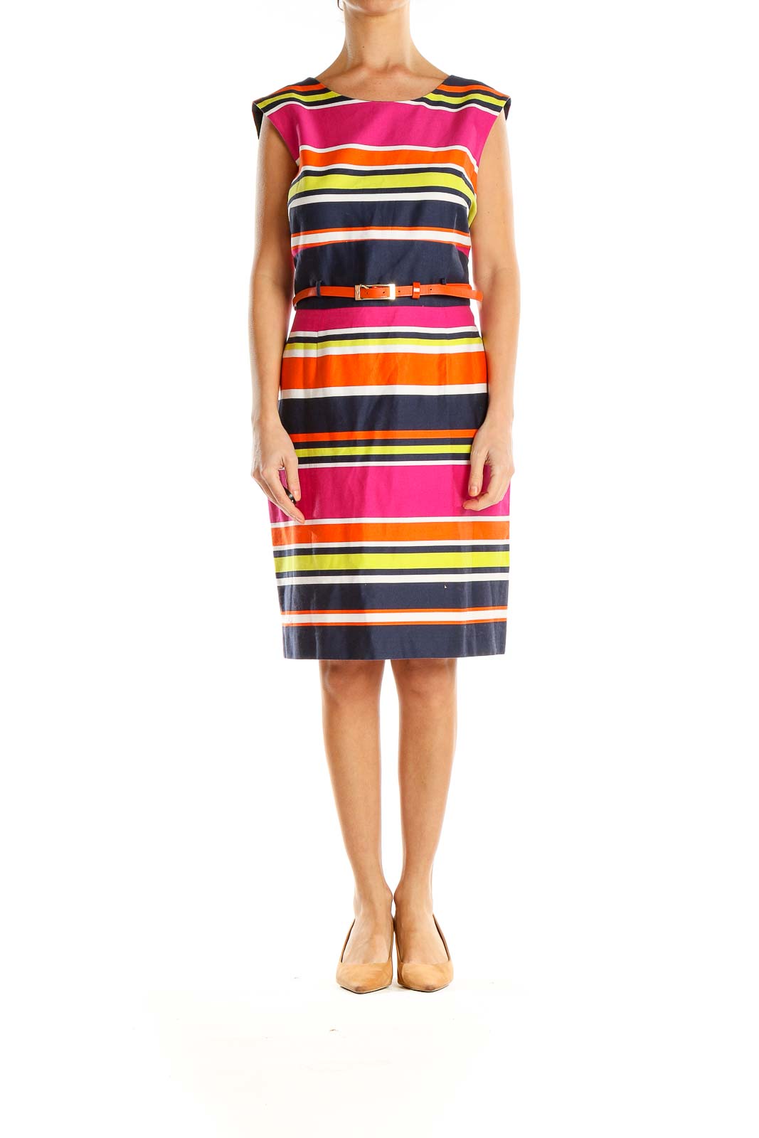 Multicolor Striped Belted Work Sheath Dress