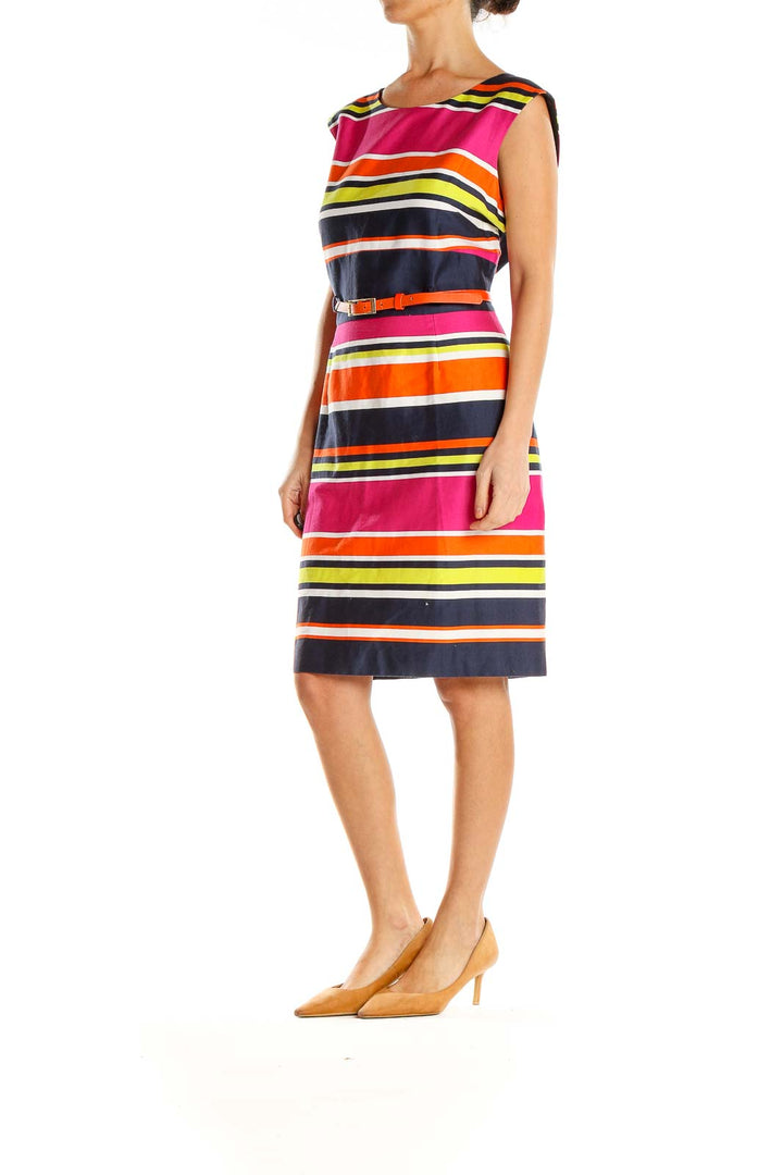 Multicolor Striped Belted Work Sheath Dress