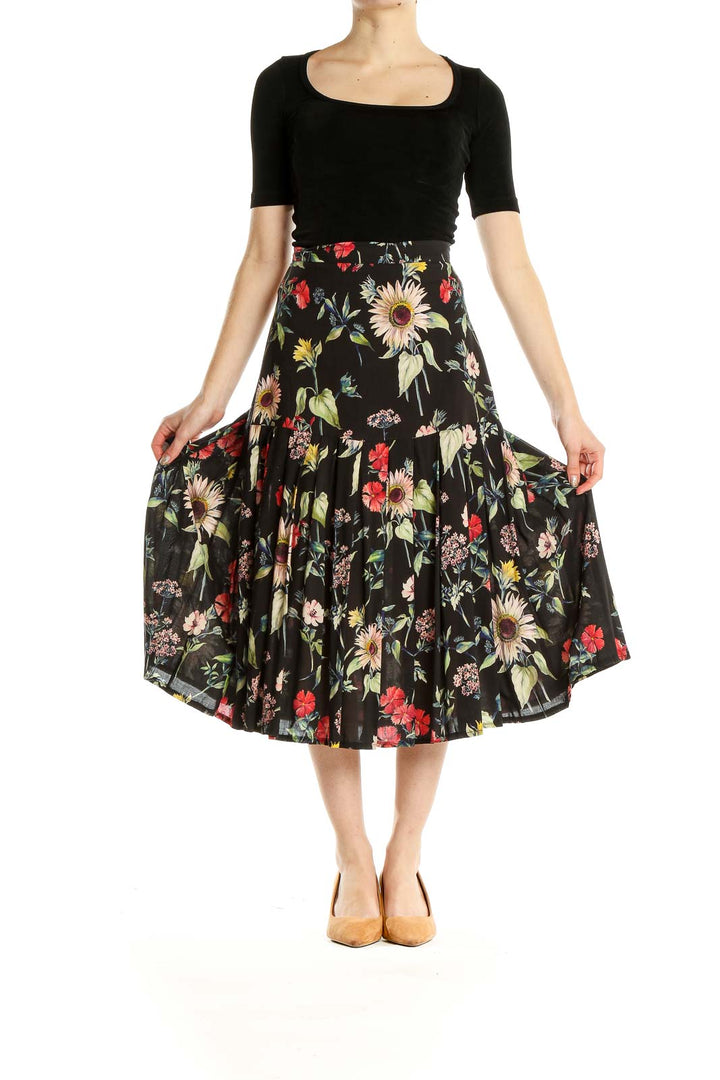 Black Floral Print Retro Flared Skirt