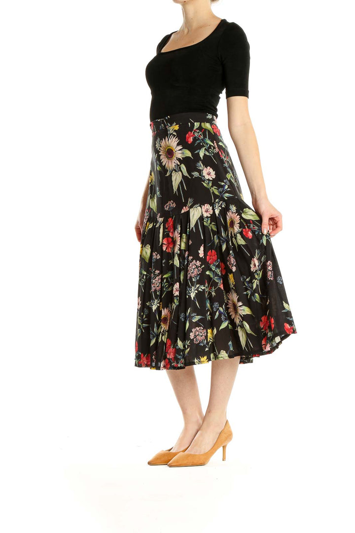 Black Floral Print Retro Flared Skirt