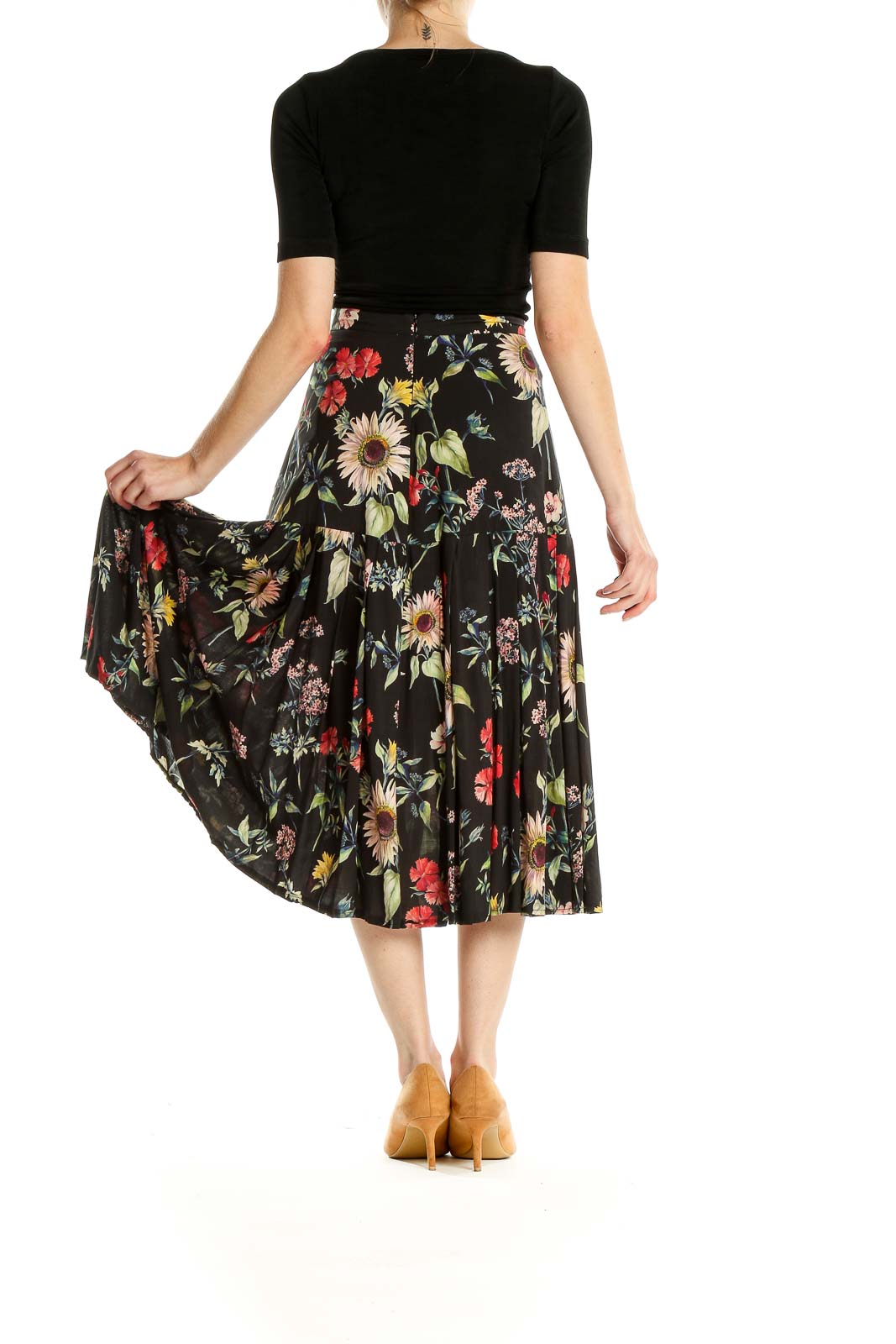 Black Floral Print Retro Flared Skirt