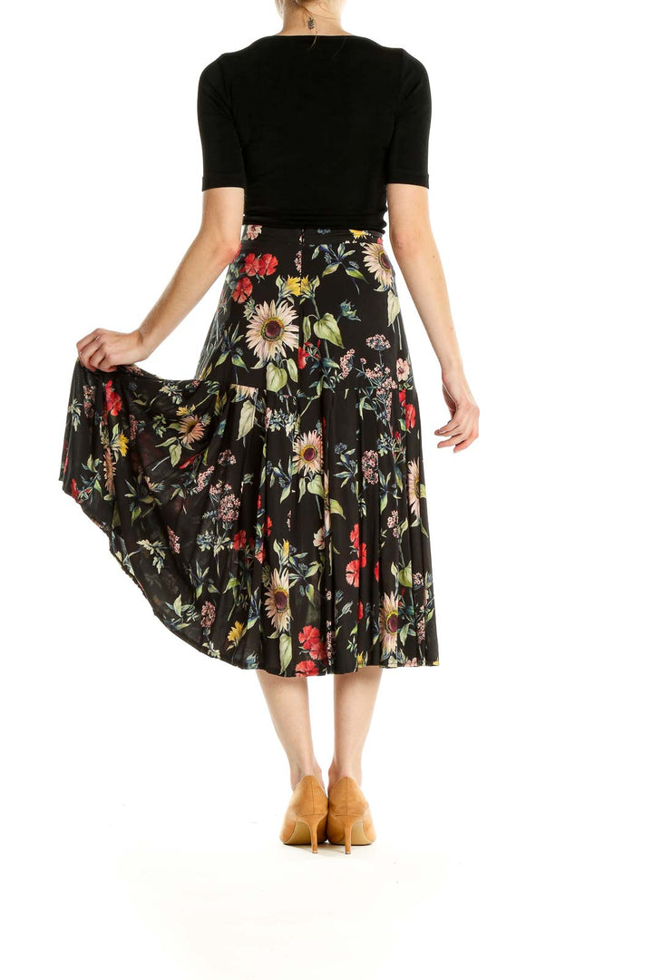 Black Floral Print Retro Flared Skirt