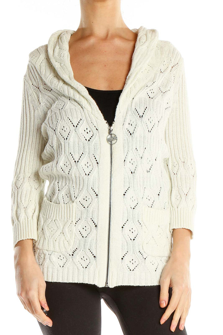 White Cable Knit Zip-Up Sweatshirt