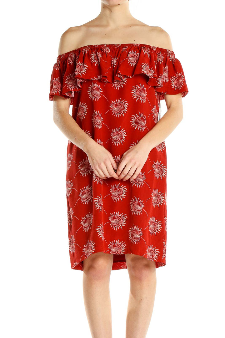 Red Floral Print Holiday Off The Shoulder Shift Dress