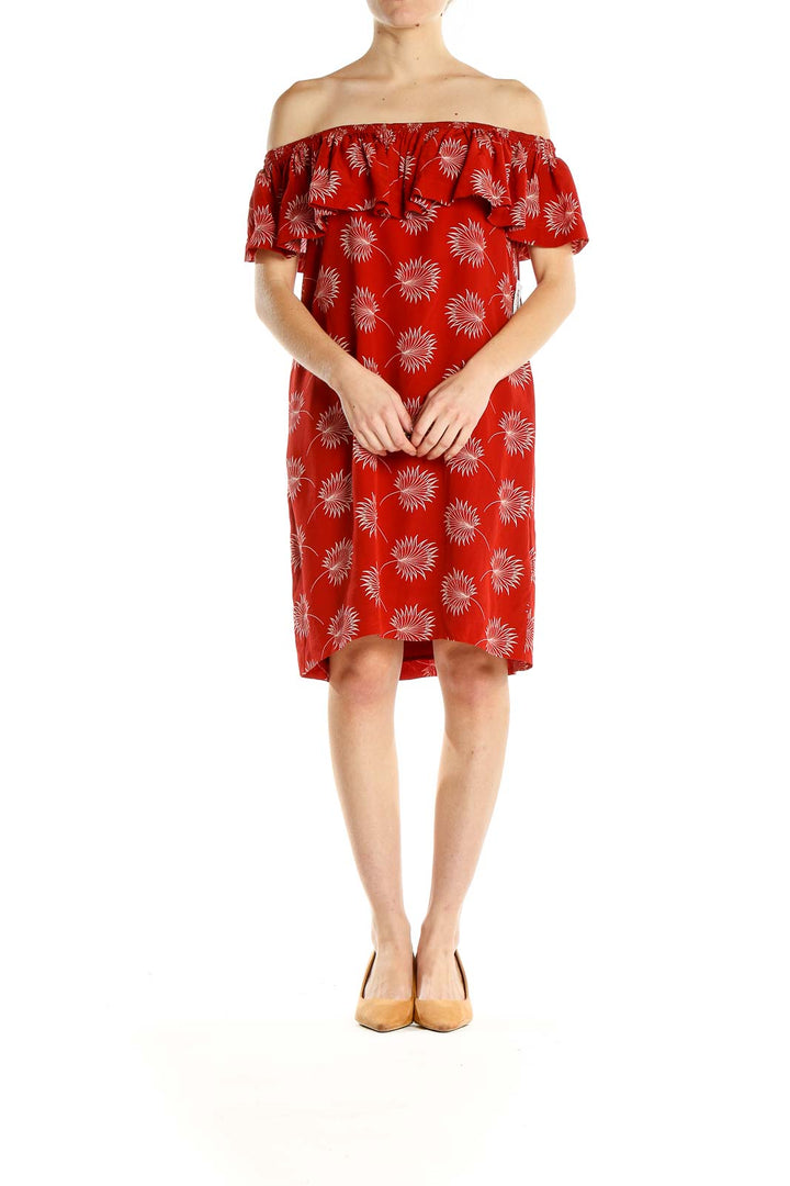 Red Floral Print Holiday Off The Shoulder Shift Dress