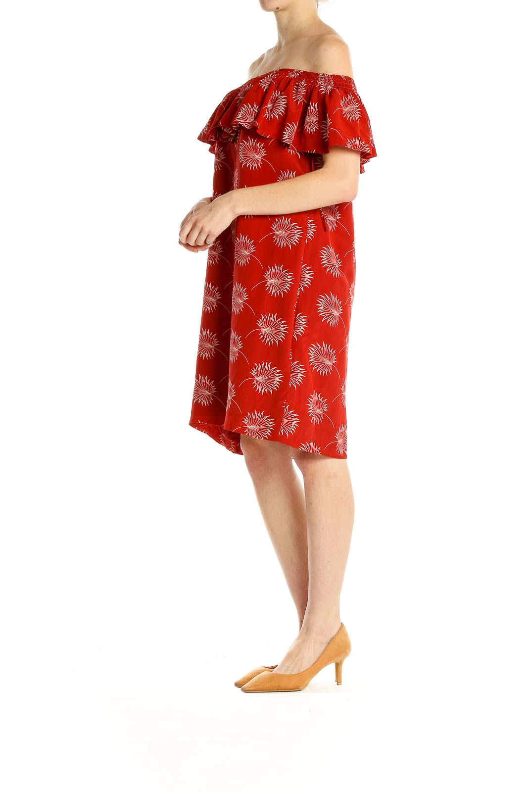 Red Floral Print Holiday Off The Shoulder Shift Dress