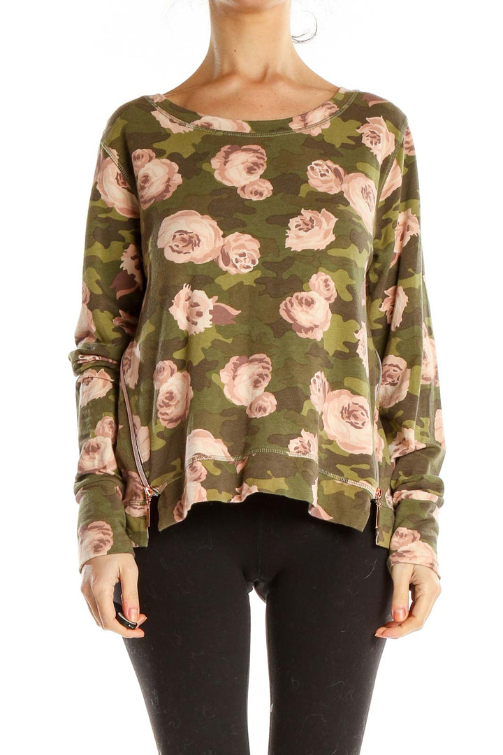 Green Camouflage Floral Print Brunch Top