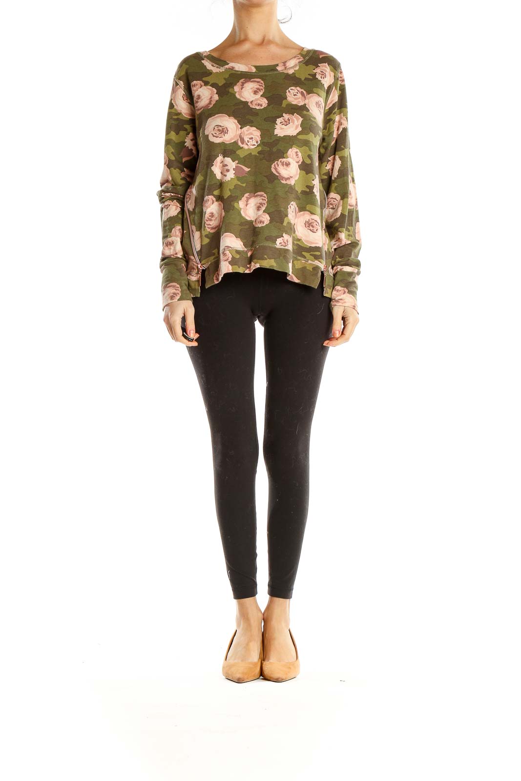 Green Camouflage Floral Print Brunch Top