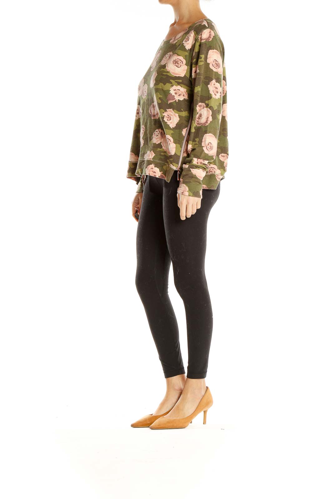 Green Camouflage Floral Print Brunch Top