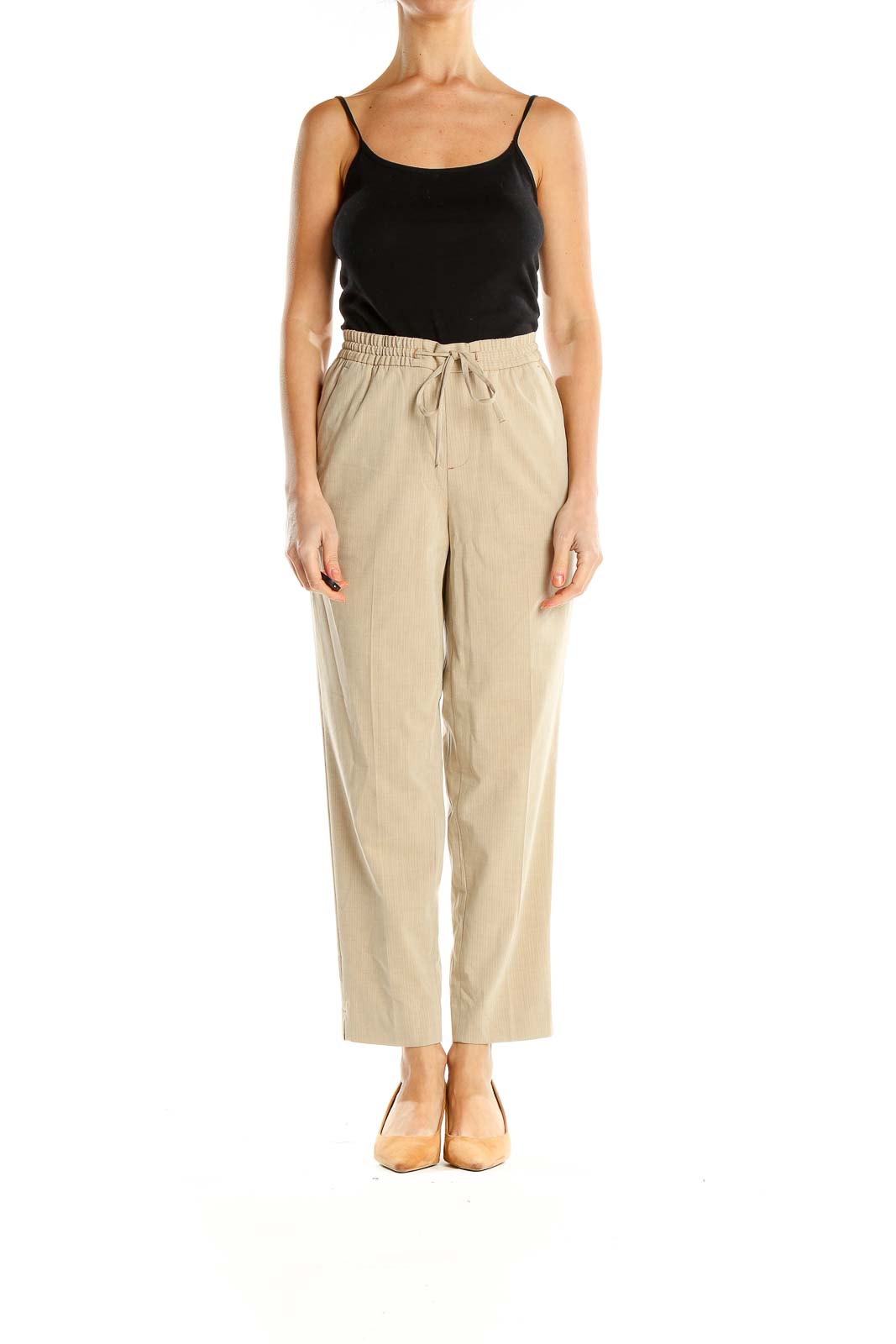 Beige Casual Drawstring Pants