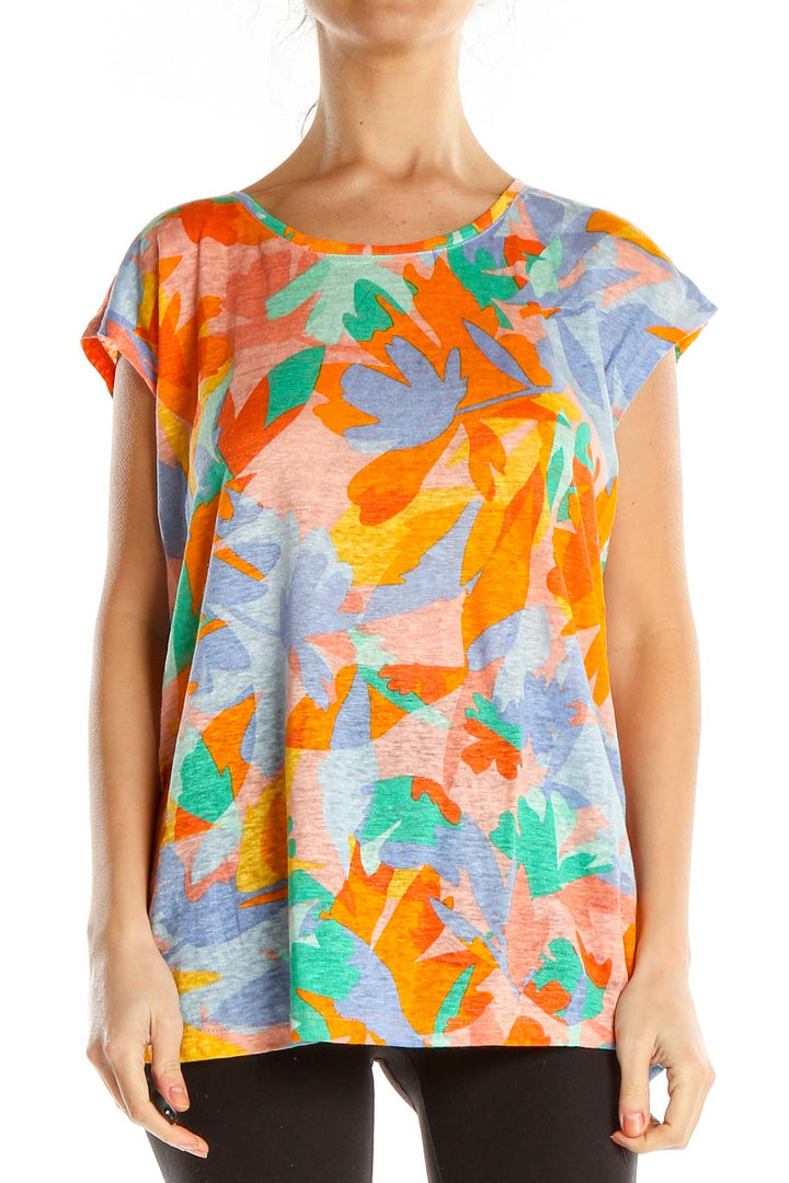 Orange Tropical Print Casual Top