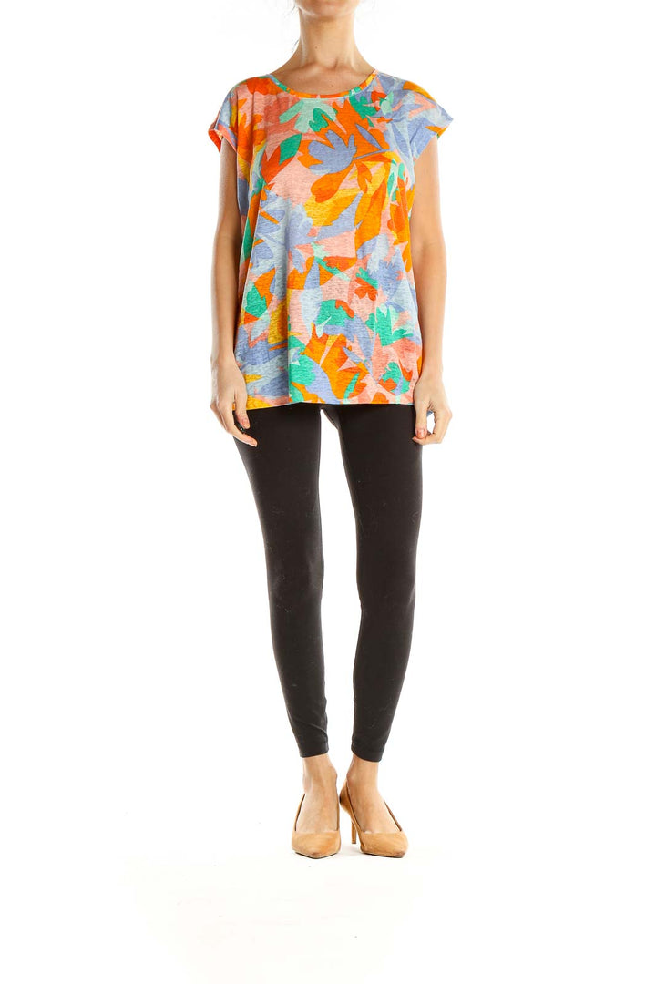 Orange Tropical Print Casual Top