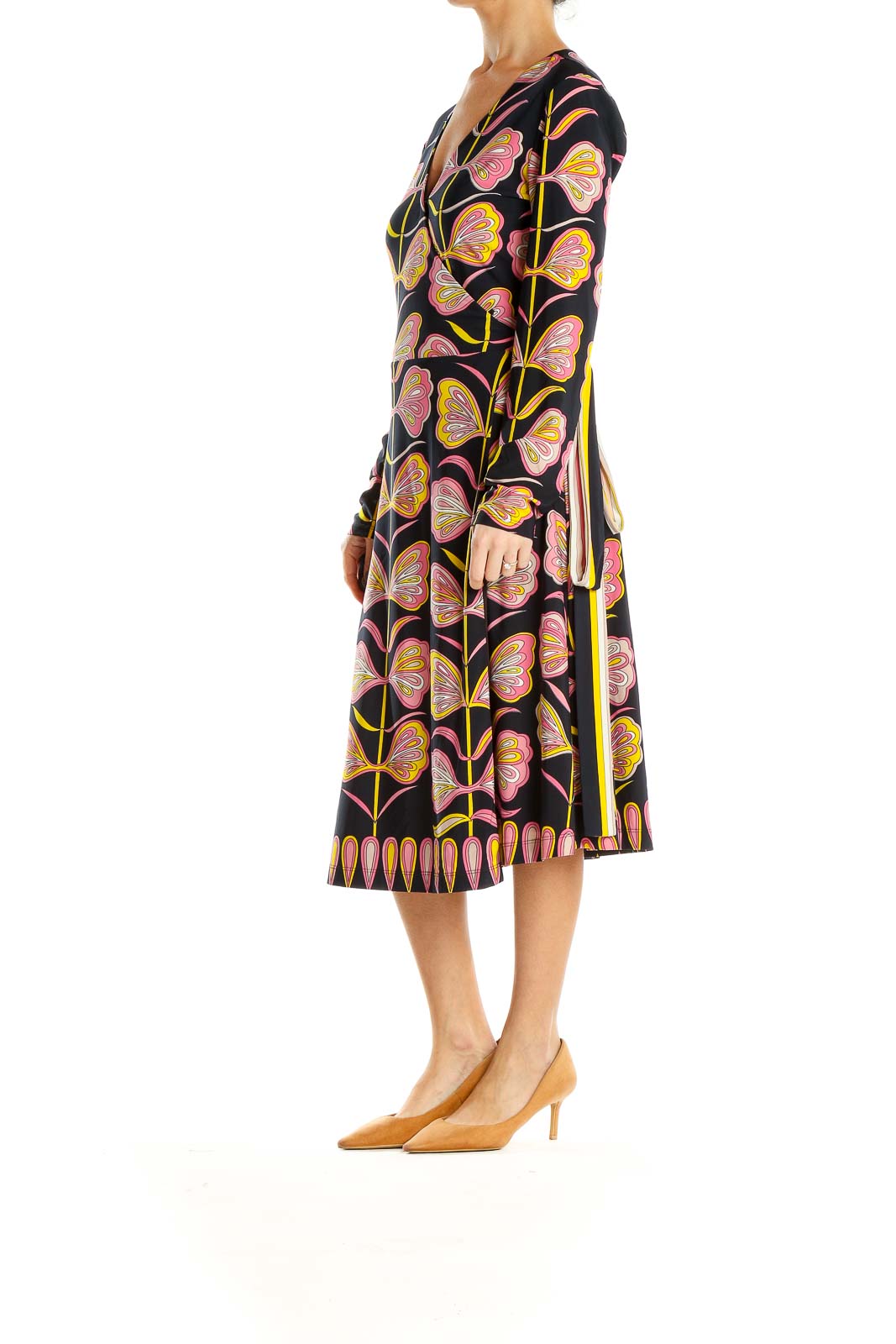 Black Yellow Pink Printed Holiday Wrap Dress