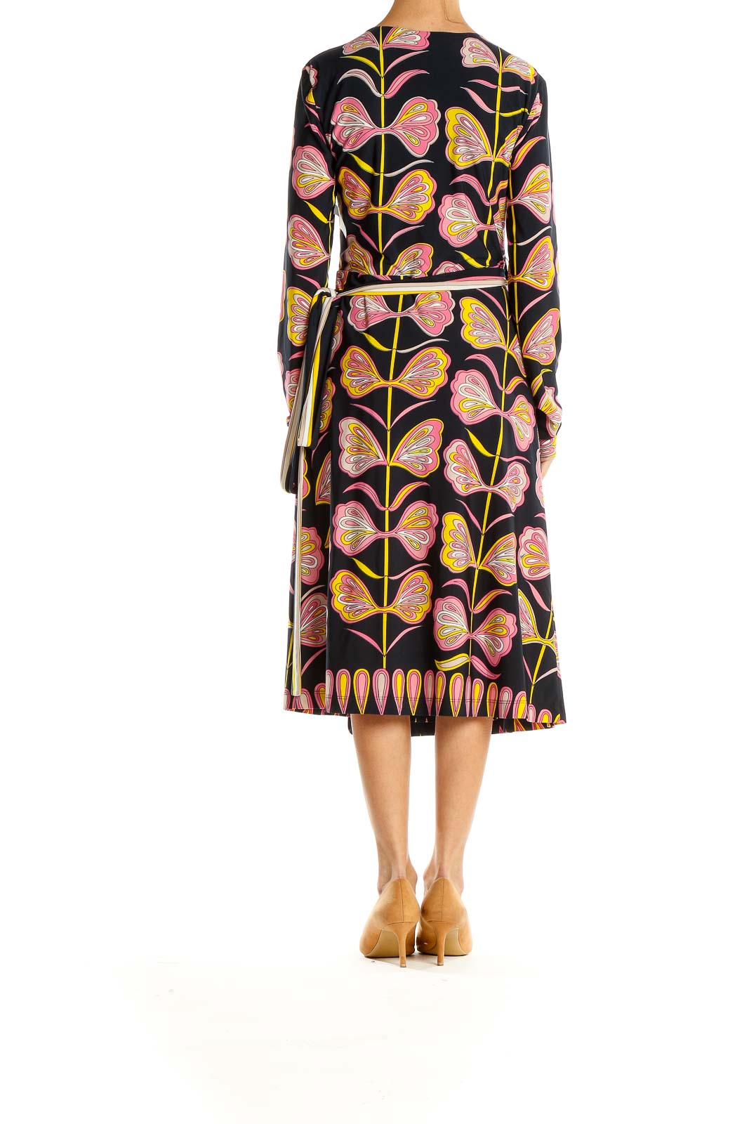 Black Yellow Pink Printed Holiday Wrap Dress