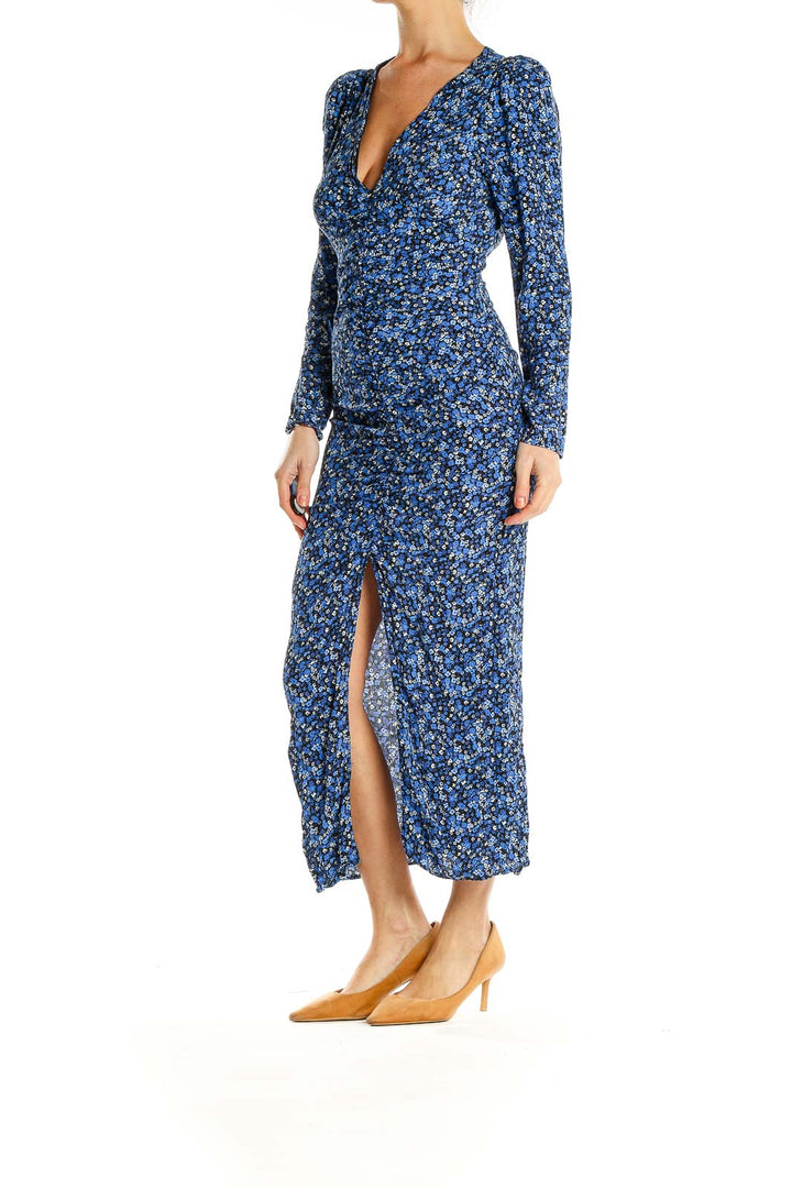 Blue Floral Print Maxi Dress With Slit