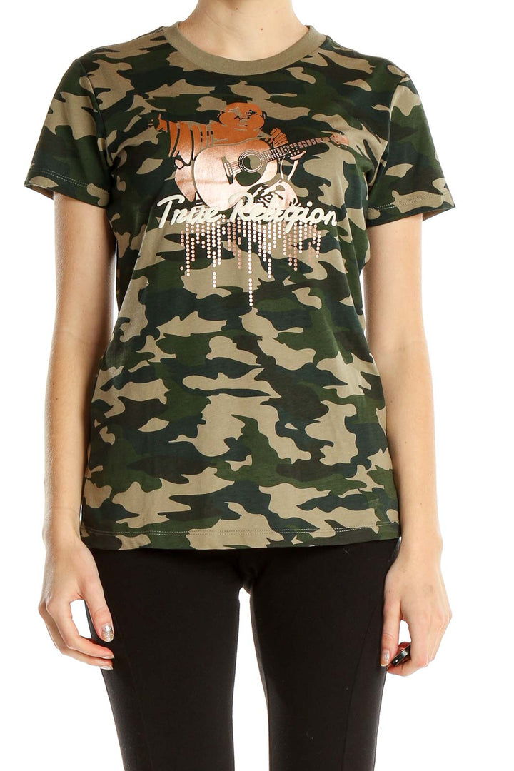 Green Camouflage Print Casual T-Shirt