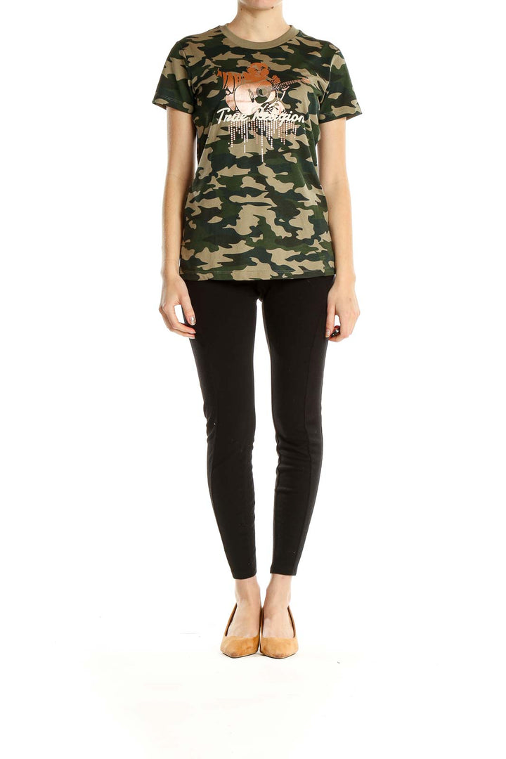 Green Camouflage Print Casual T-Shirt