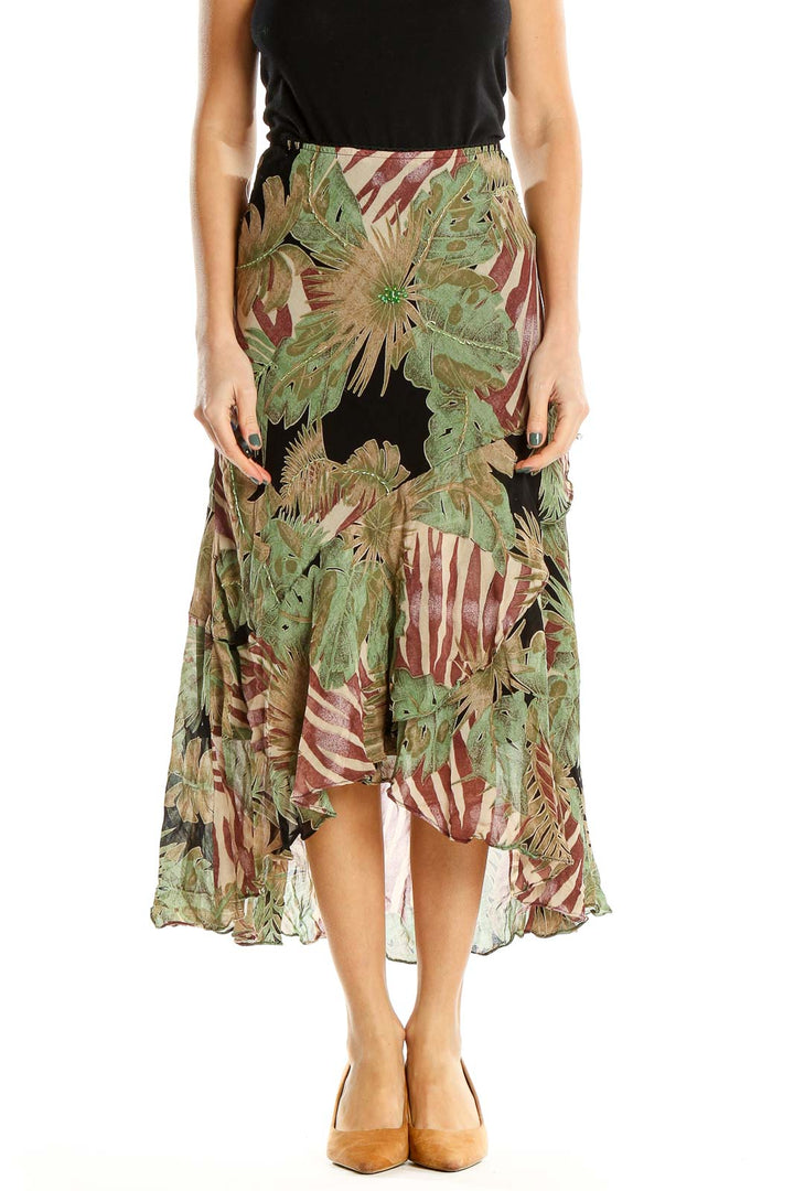 Green Tropical Print Vintage Flared Midi Skirt