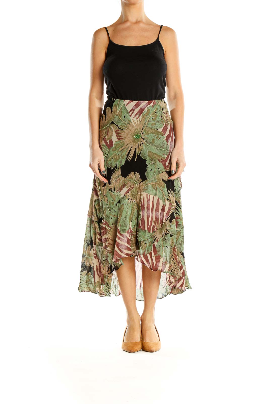 Green Tropical Print Vintage Flared Midi Skirt