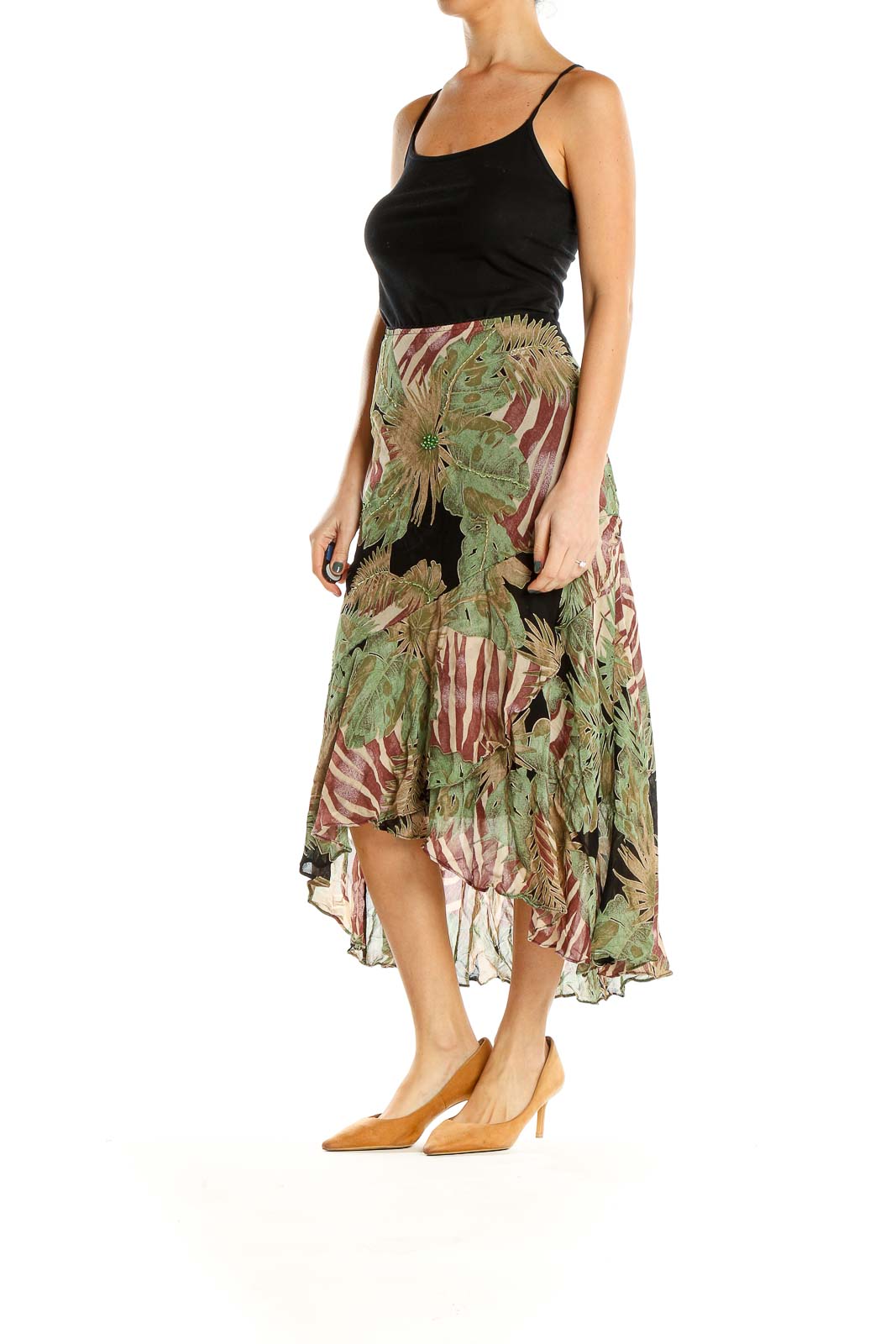 Green Tropical Print Vintage Flared Midi Skirt