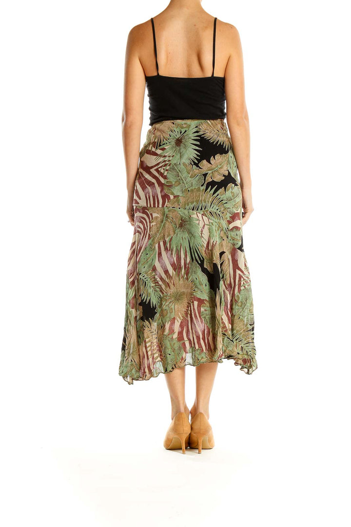 Green Tropical Print Vintage Flared Midi Skirt