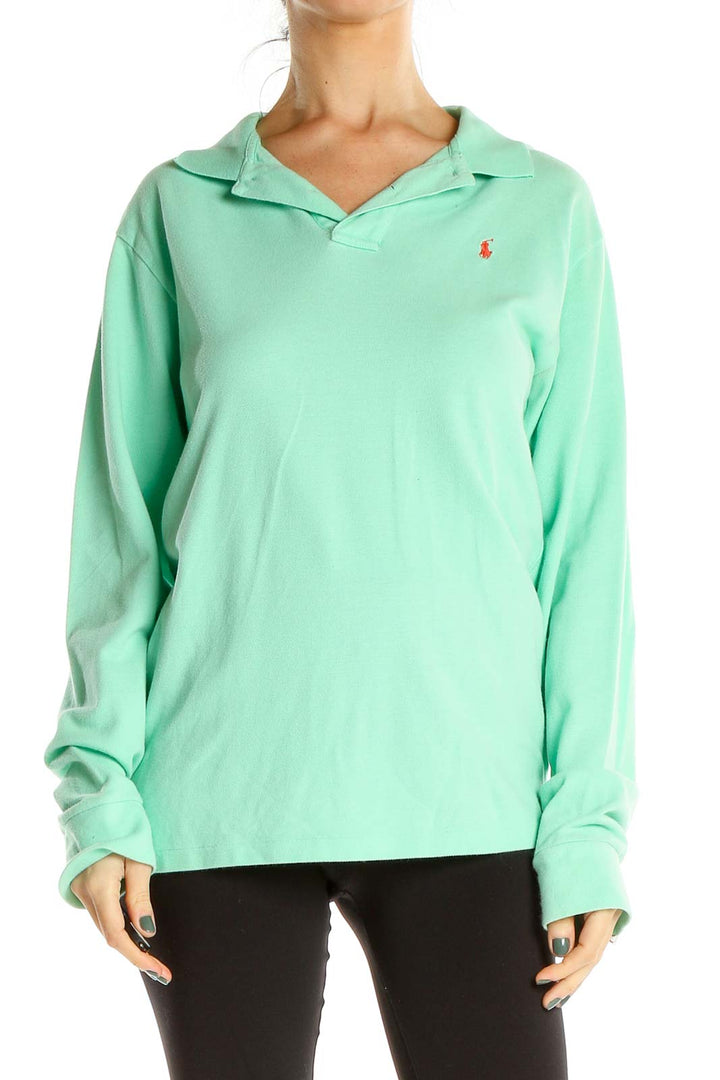 Green Casual Long Sleeve Polo Top