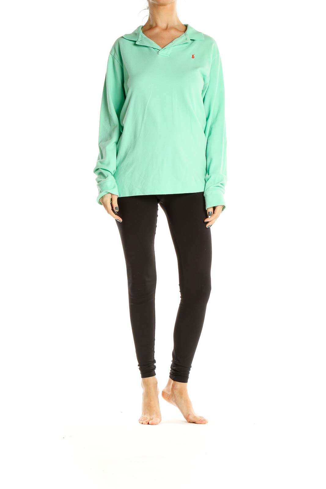 Green Casual Long Sleeve Polo Top