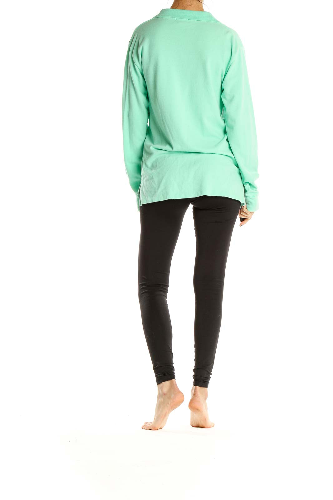 Green Casual Long Sleeve Polo Top