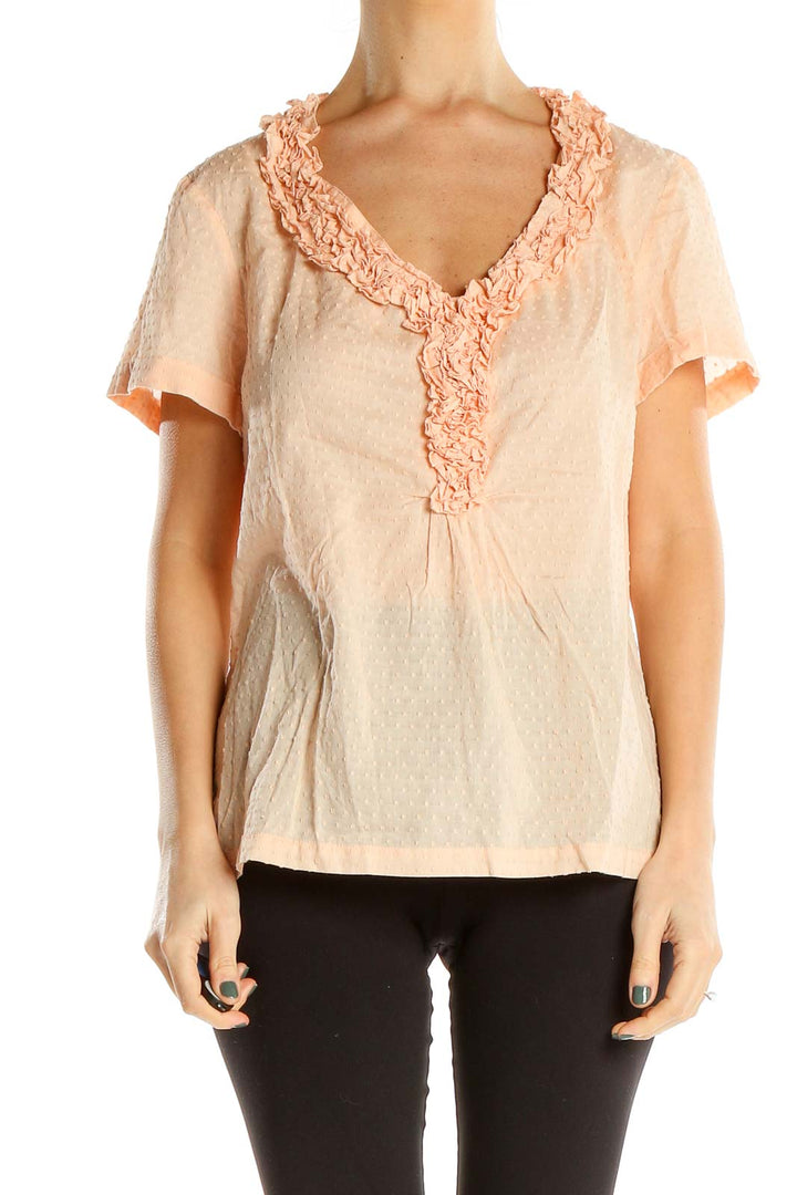 Pink Textured Retro Blouse With Ruffle Neckline