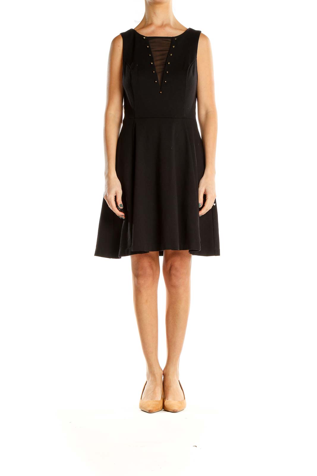 Black Mesh Panel Studded Fit & Flare Dress