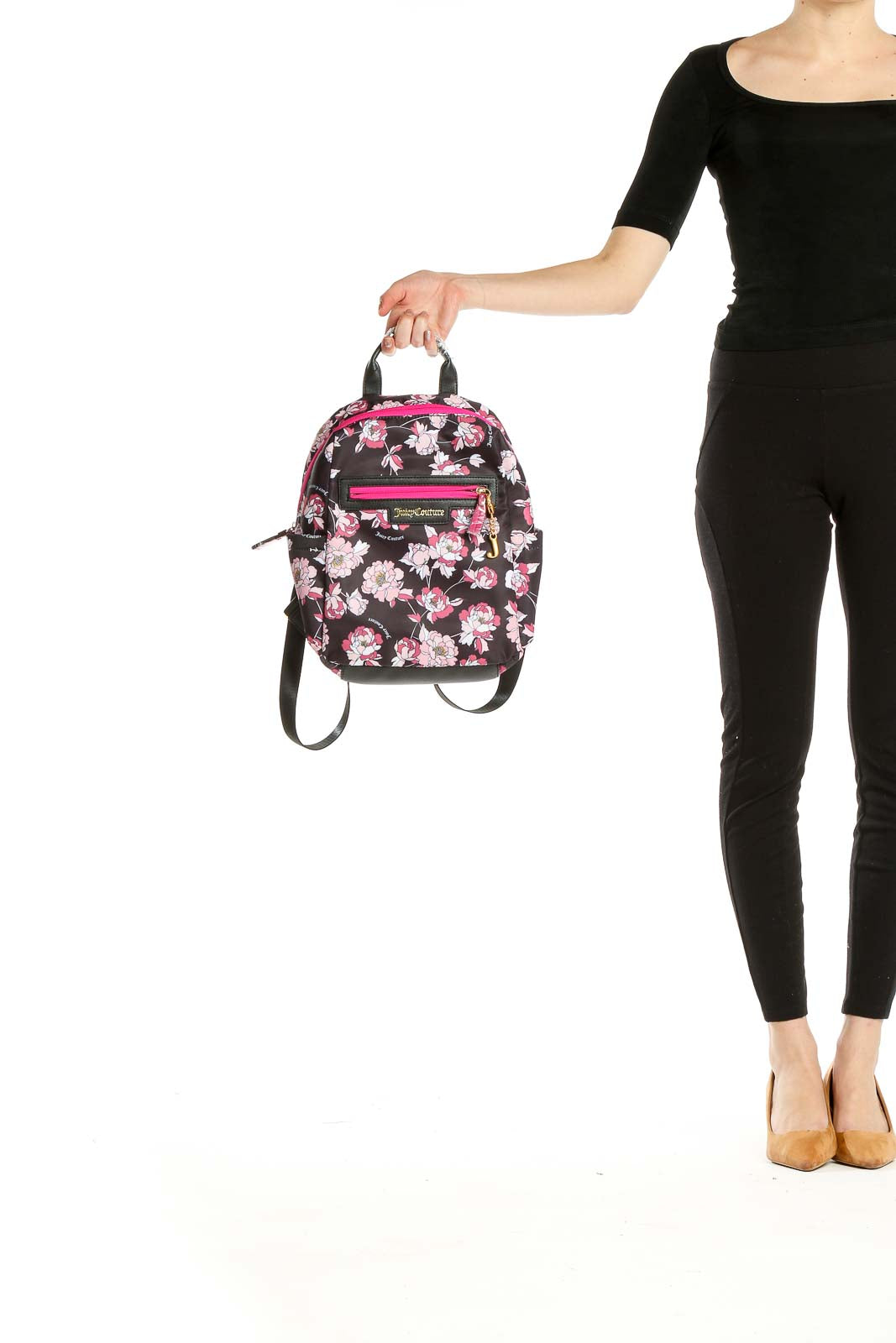 Black Pink Floral Print Backpack