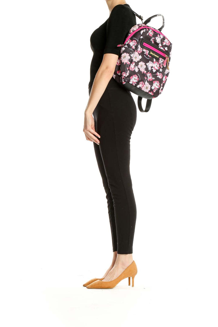 Black Pink Floral Print Backpack