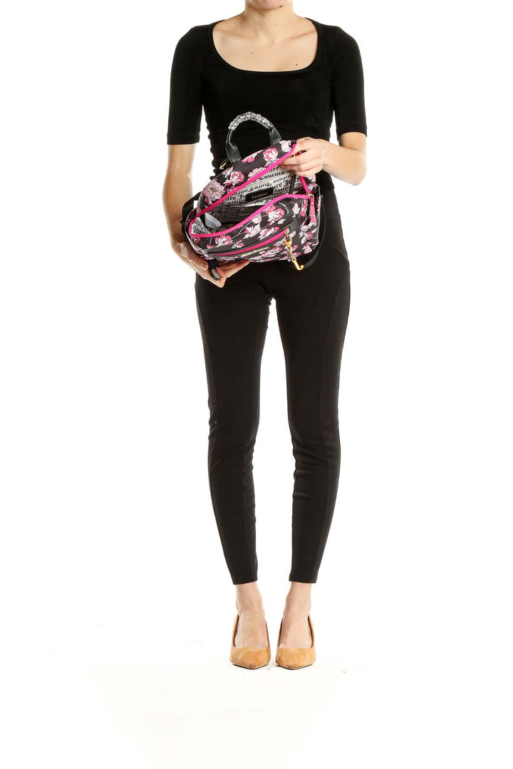 Black Pink Floral Print Backpack