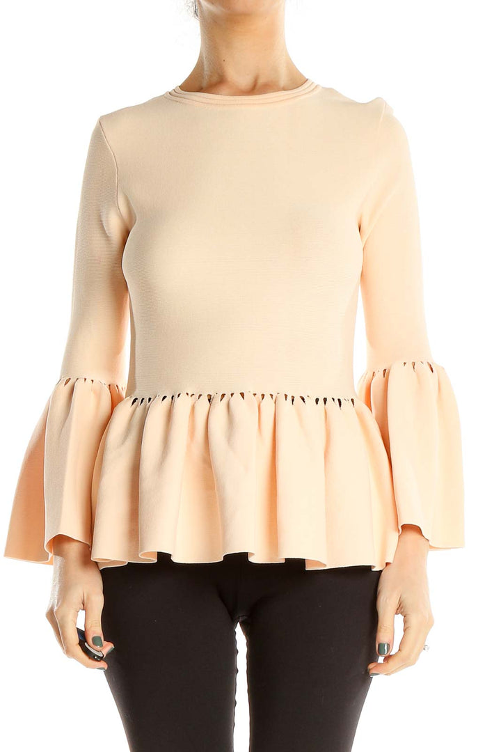 Pink Structured Fitted Blouse With Ruffle Trim