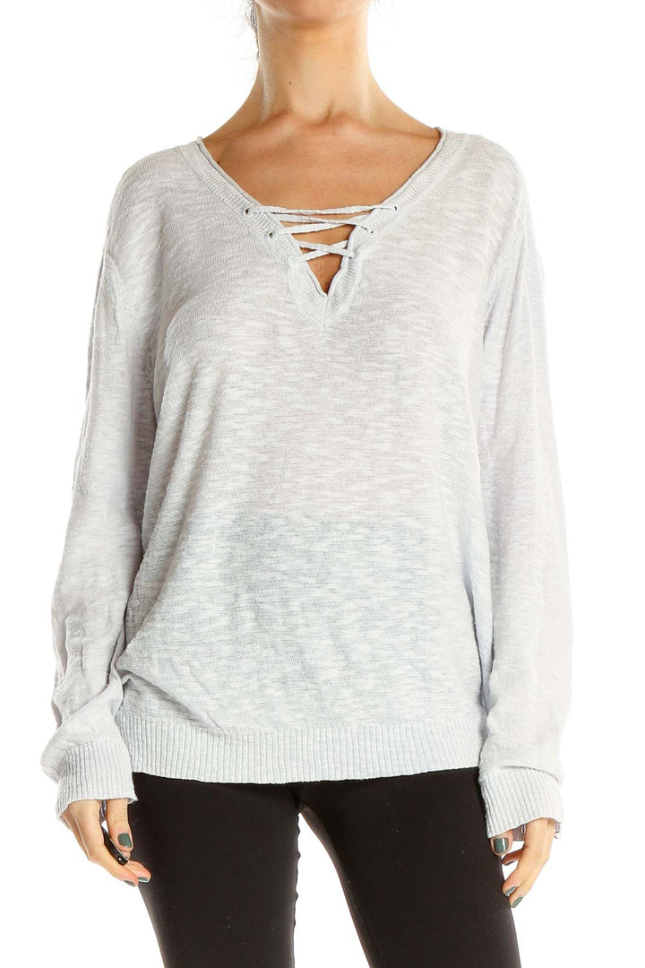 Gray Lace Up Light Sweater