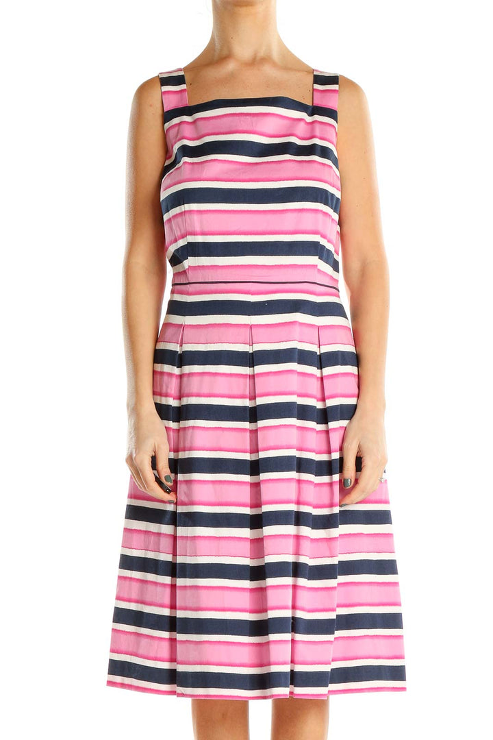 Pink Blue White Striped Classic Fit & Flare Dress