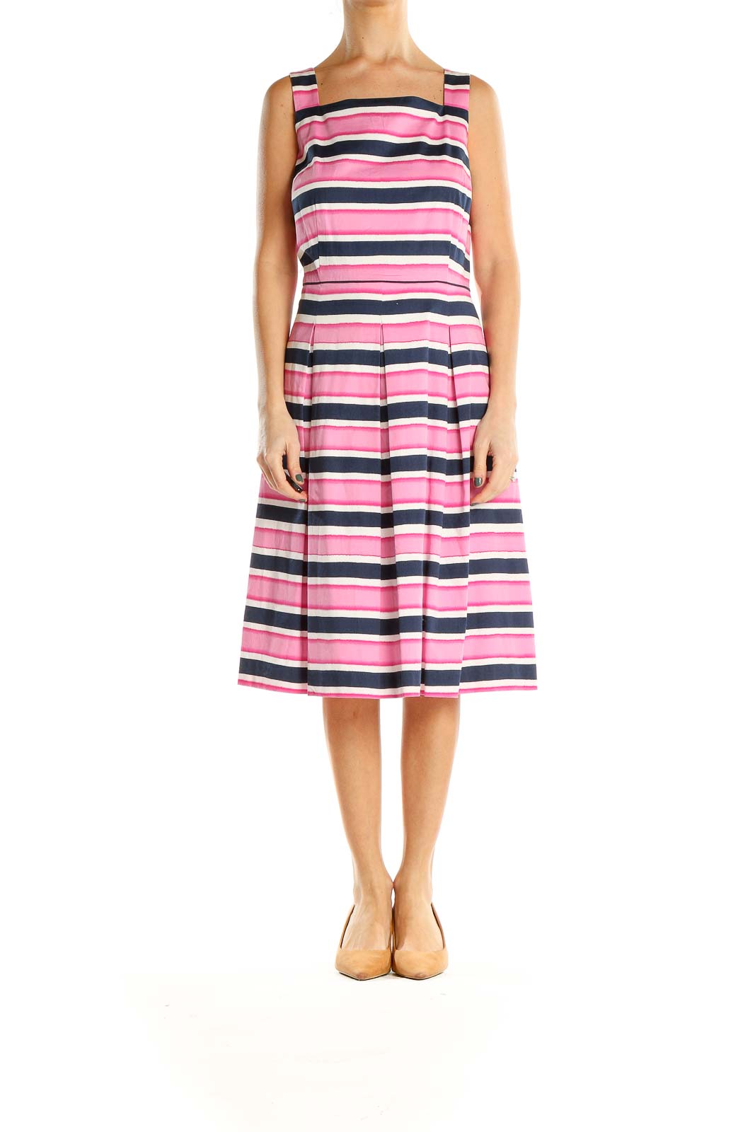 Pink Blue White Striped Classic Fit & Flare Dress