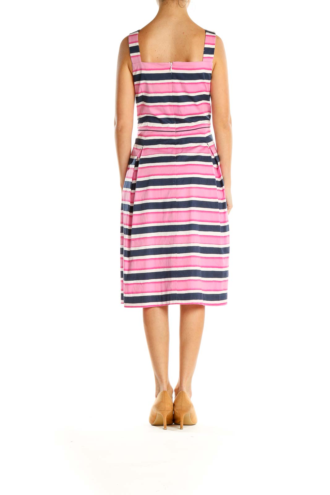 Pink Blue White Striped Classic Fit & Flare Dress