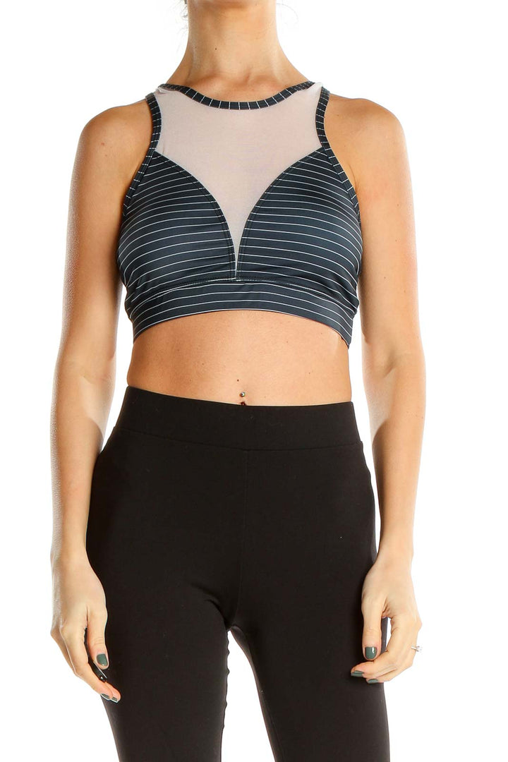 Blue Striped Mesh Panel Sports Bra